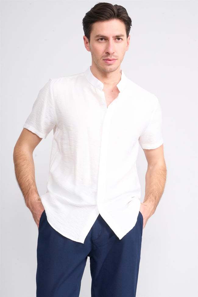 Mentality 2184 Erkek Kısa Kol Hakim Yaka Pamuk Slim Fit Gömlek 1-3 Krem