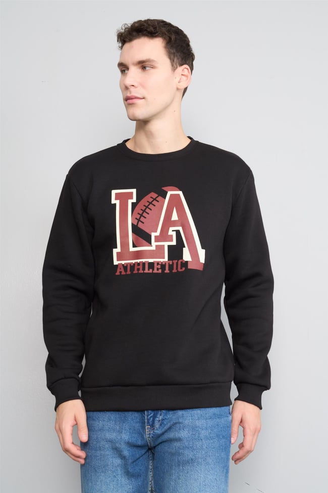 Mentality 3539 Bisiklet Yaka 3 İplik Şardonlu Baskılı Siyah Sweatshirt