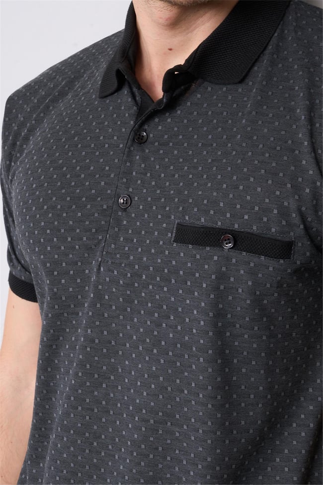 Mentality 3774 Erkek Polo Yaka Baklava Desen T-shirt Siyah-Gri