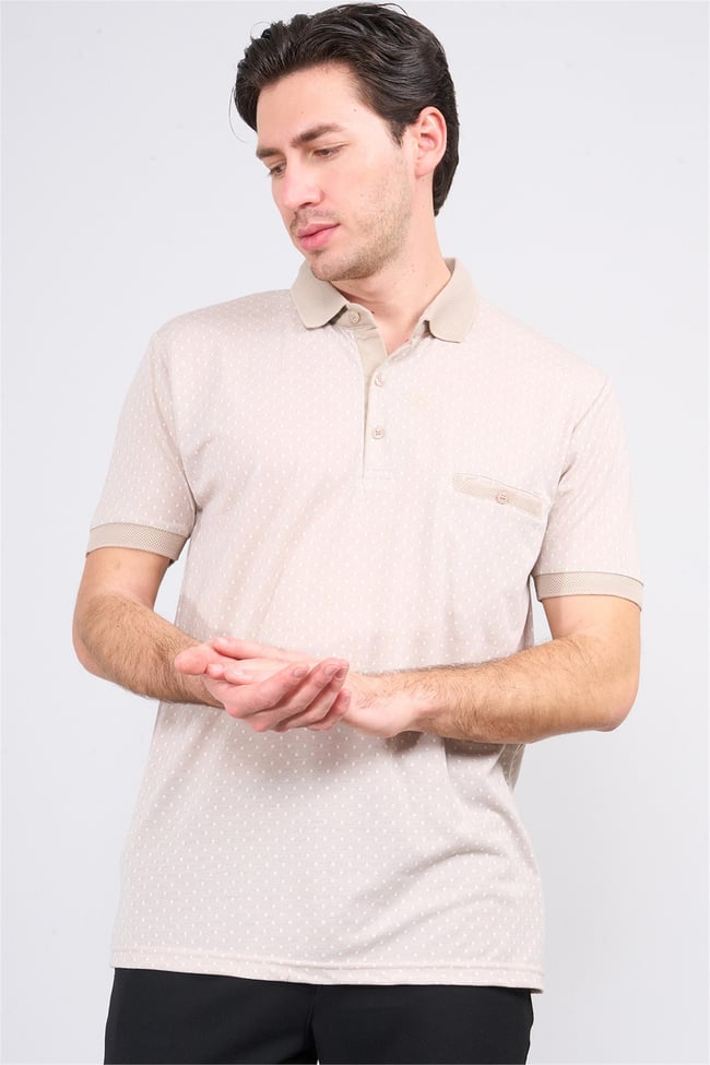 Mentality 3774 Erkek Polo Yaka Baklava Desen T-shirt Koyu Bej-Açık Bej