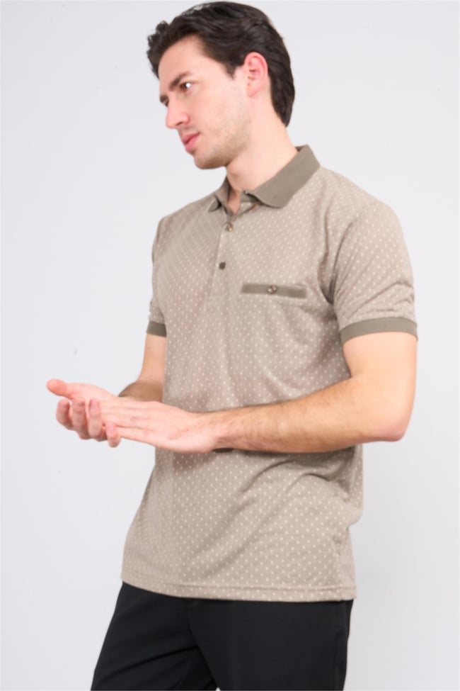 Mentality 3774 Erkek Polo Yaka Baklava Desen T-shirt Vizon-Bej