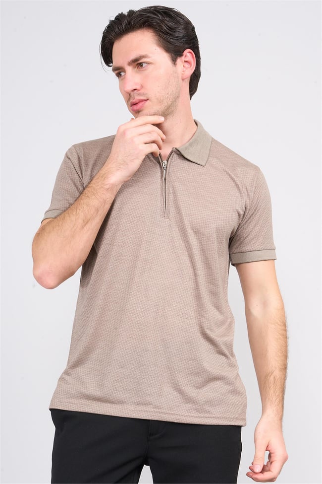 Mentality 3803 Erkek Fermuarlı Polo Yaka T-shirt Vizon
