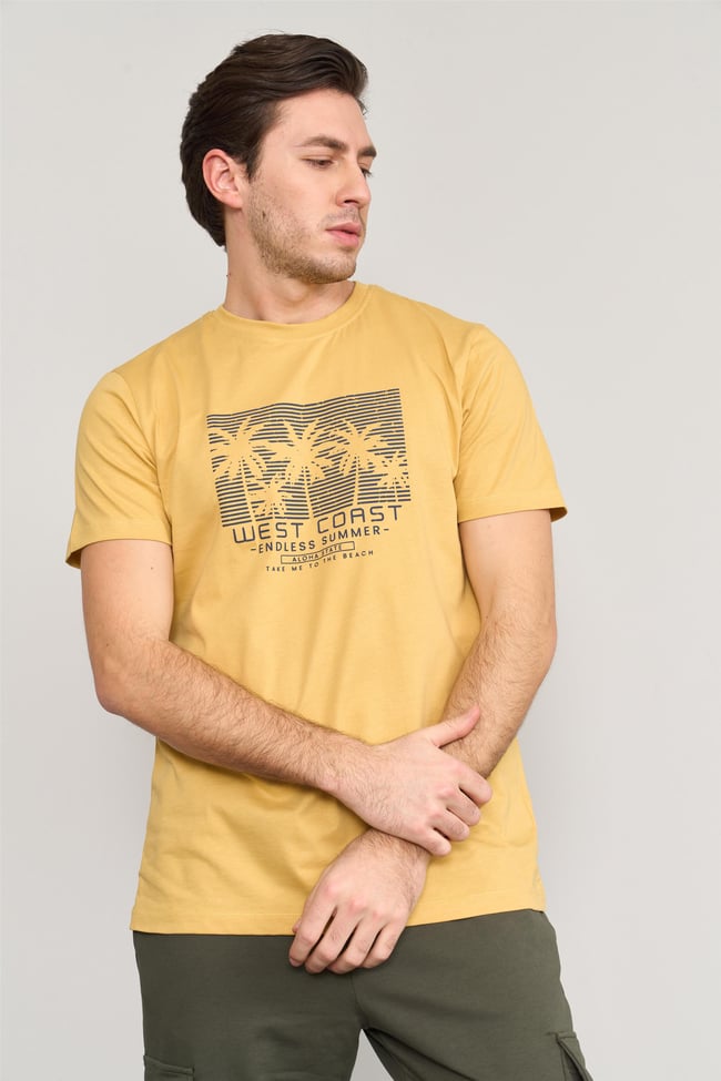 Mentality 4043 Erkek Bisiklet Yaka Baskılı Regular T-shirt Açık Sarı