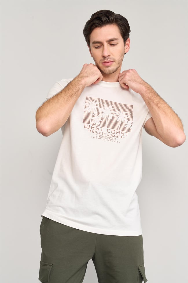 Mentality 4043 Erkek Bisiklet Yaka Baskılı Regular T-shirt Ekru