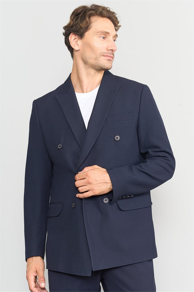 Mentality 4255 Erkek Sivri Yaka Slim Fit Kruvaze Ceket Lacivert