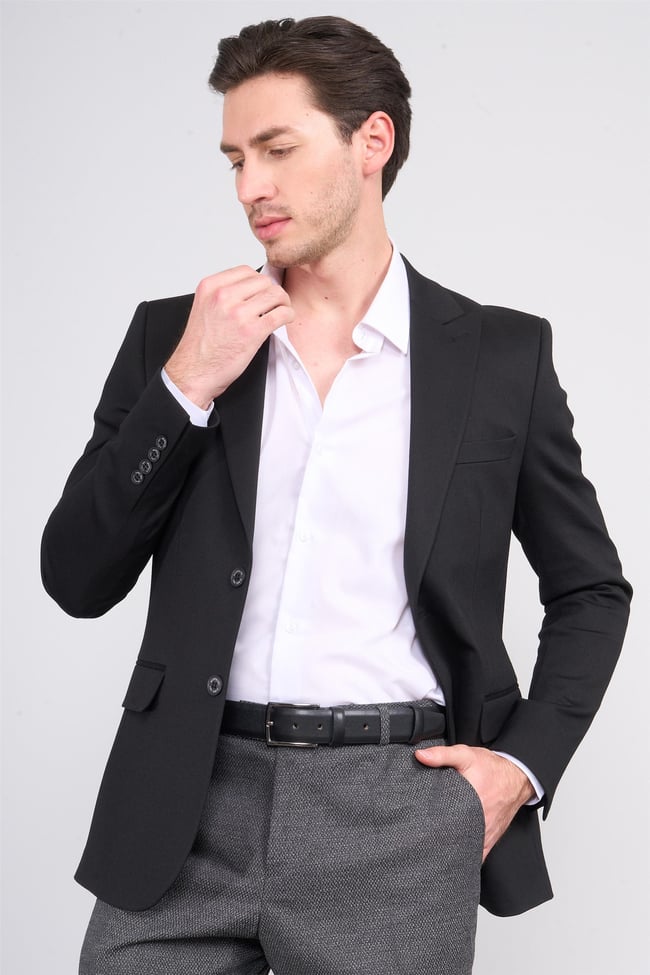 Mentality 4324 Erkek Sivri Yaka Slim Fit Ceket Siyah