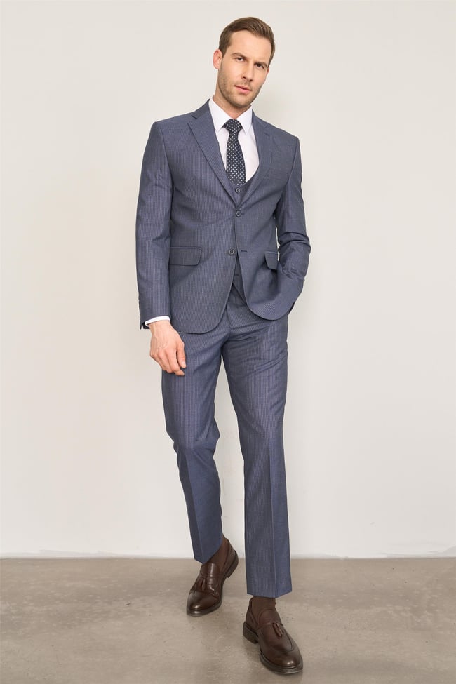 Mentality 9122 Erkek Mono Yaka Slim Fit Yelekli Takım Elbise Açık Lacivert