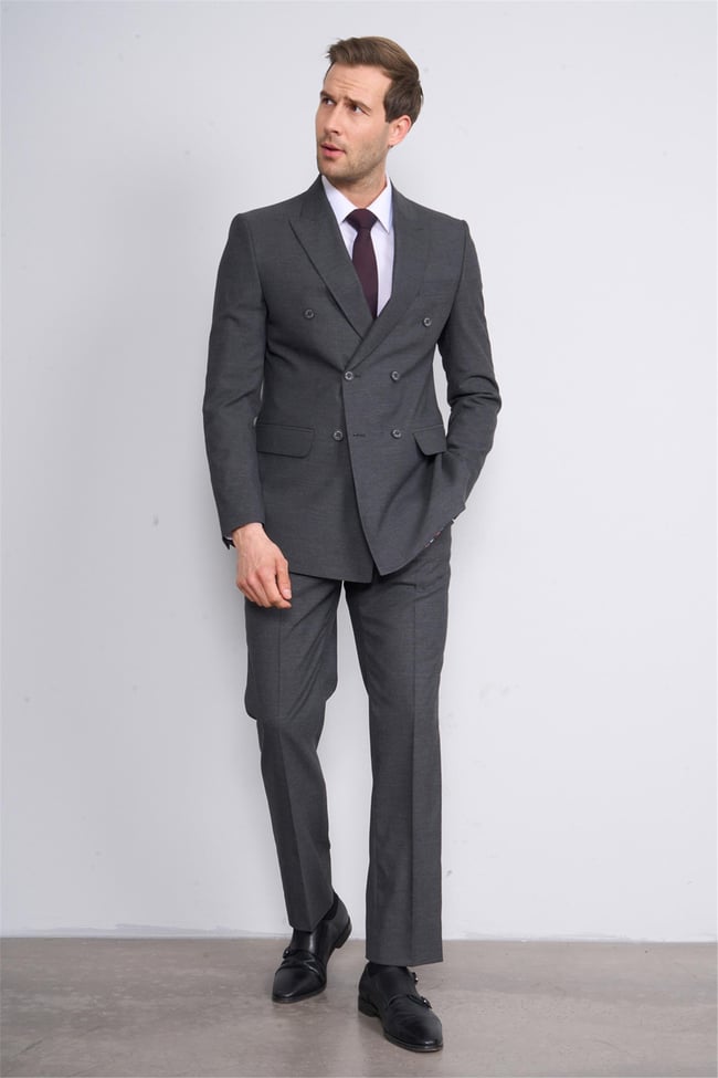 Mentality 9132 Erkek Kırlangıç Yaka Slim Fit Kruvaze Takım Elbise Antrasit