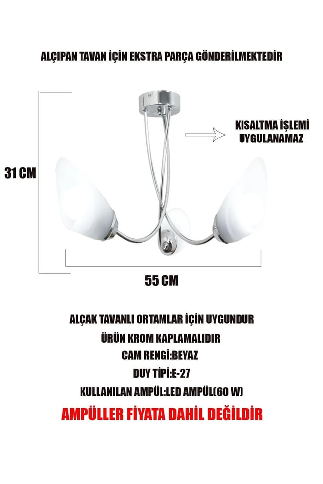 Taşcan Avize Milano 3 Lü Krom Kollu Avize Camlı