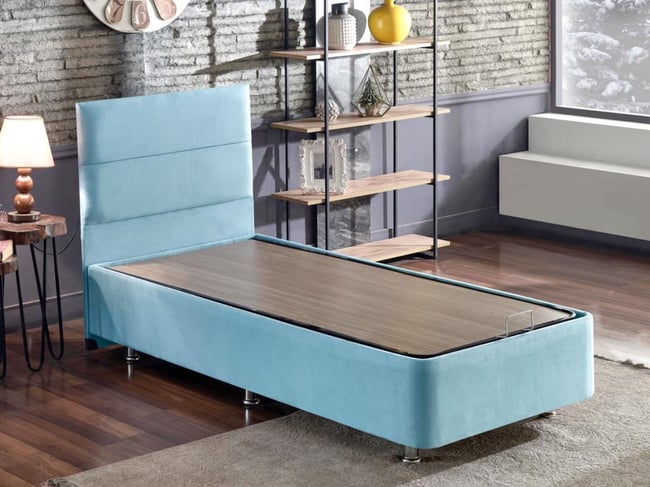 Niron Cozy 100x200 Tek Kişilik Yatak Seti - Mavi Kumaş Baza, Başlık ve Yatak Takımı
