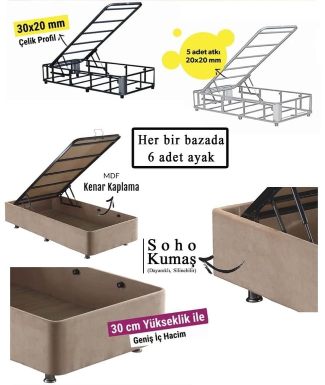 Niron Ela Baza - 80x180 cm Tek Kişilik Sandıklı Sütlü Kahve Kumaş Baza Silinebilir Soho Kumaş