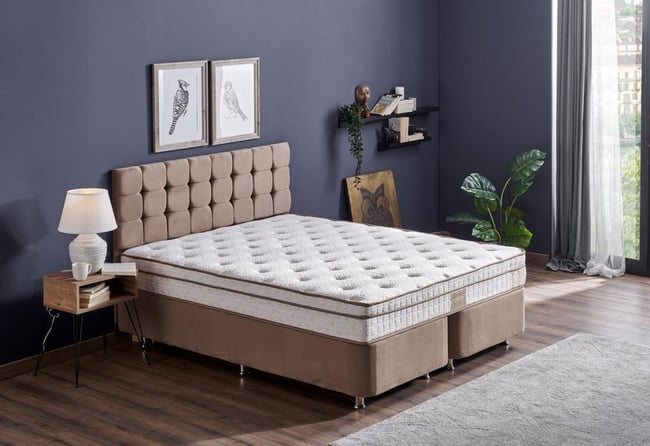Niron Helen 150x200 Çift Kişilik Yatak Baza Başlık Seti Aloe Vera Yatak, Kumaş Baza, Başlık Takımı