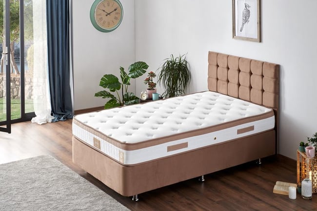 Niron Latte 120x200 cm Tek Kişilik Yatak Baza Başlık Seti - Sert Yatak, Kumaş Baza ve Başlık Takımı