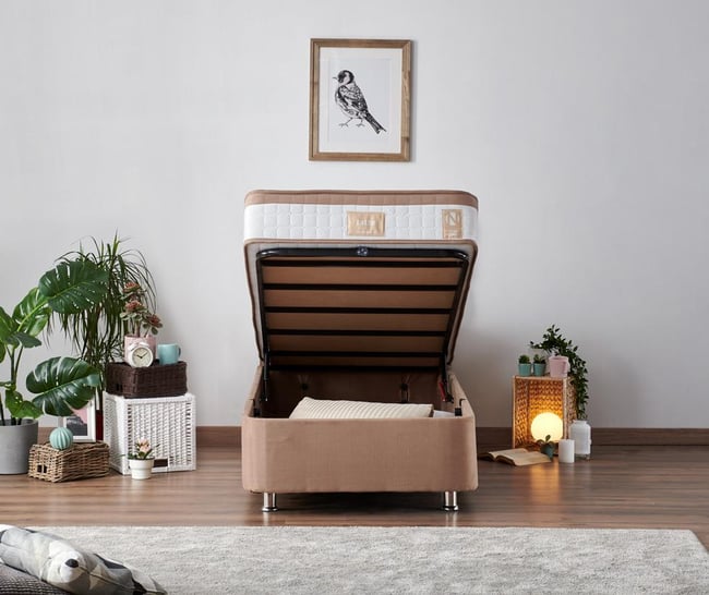 Niron Latte 120x200 cm Tek Kişilik Yatak Baza Başlık Seti - Sert Yatak, Kumaş Baza ve Başlık Takımı