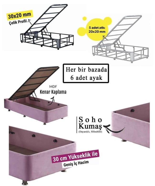 Niron Pinky 100x200 Tek Kişilik Yatak Seti - Pembe Kumaş Baza, Başlık ve Yatak Takımı