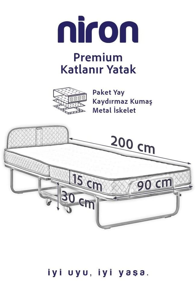 Niron Premium Katlanır Yatak 90x200 cm Paket Yaylı Lüks Yatak ve Kaydırmaz Kumaş Kaplı Karyola