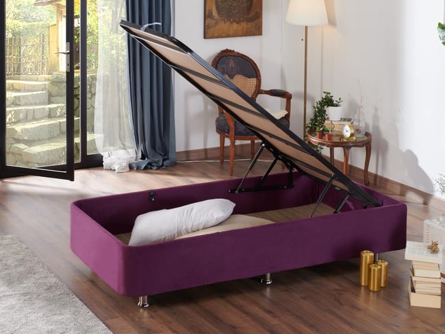 Niron Purple Baza - 80x200 cm Tek Kişilik Sandıklı Mor Kumaş Baza Silinebilir Soho Kumaş