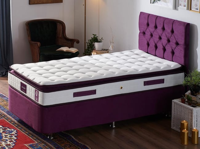 Niron Purple Yatak Seti 80x200 cm Tek Kişilik Yatak Baza Başlık Takımı - Orta Sert Yatak Mor Baza ve Başlığı