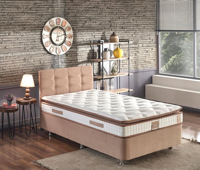 Niron Queen 120x200 Bir Buçuk Kişilik Pedli Yatak Seti Sütlü Kahve Kumaş Baza Başlık ve Yatak Takımı