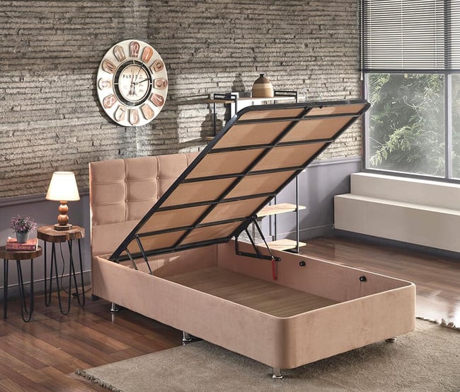 Niron Queen 120x200 Bir Buçuk Kişilik Pedli Yatak Seti Sütlü Kahve Kumaş Baza Başlık ve Yatak Takımı