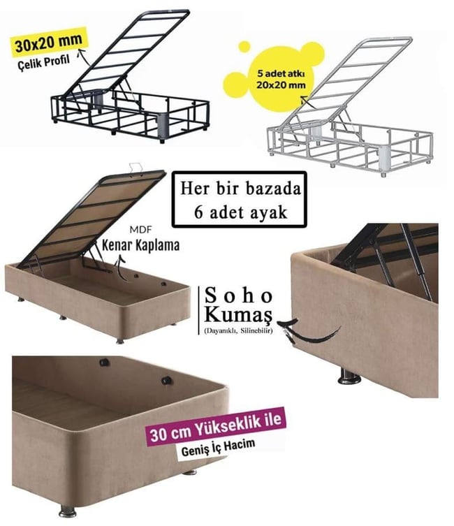 Niron Queen 120x200 Bir Buçuk Kişilik Pedli Yatak Seti Sütlü Kahve Kumaş Baza Başlık ve Yatak Takımı