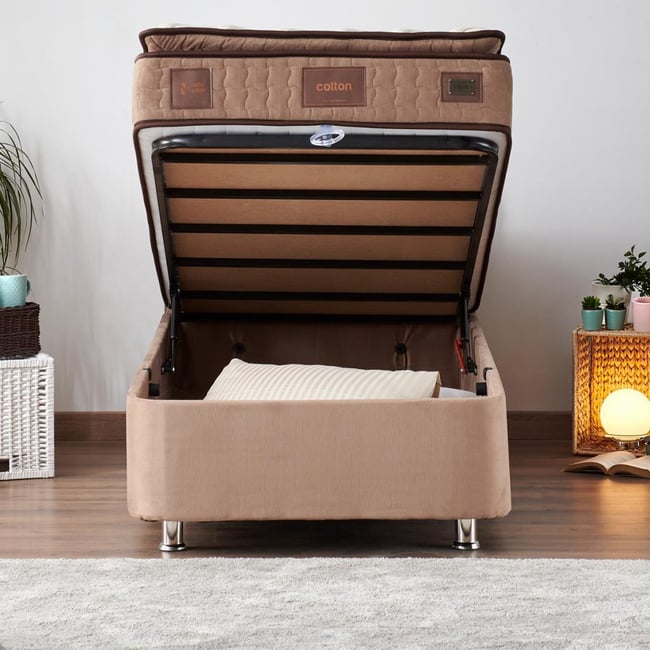 Niron Rama Baza ve Başlık Seti - 90x190 cm Tek Kişilik Sütlü Kahve Kumaş Baza ve Başlığı Soho Kumaş