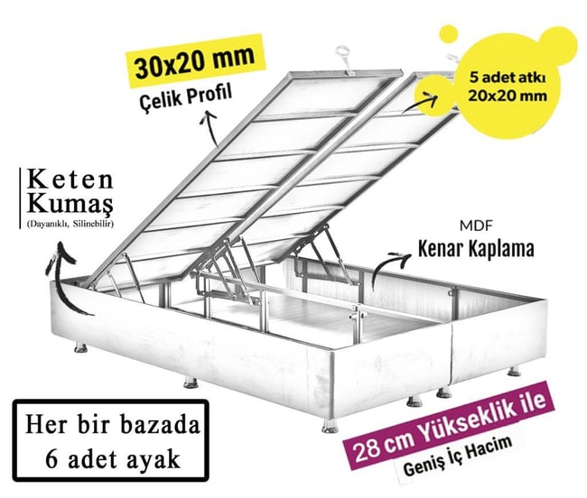 Niron Silver Yatak Baza Başlık Seti 90x190 Tek Kişilik Full Ortopedik Yatak Gri Keten Baza ve Başlık