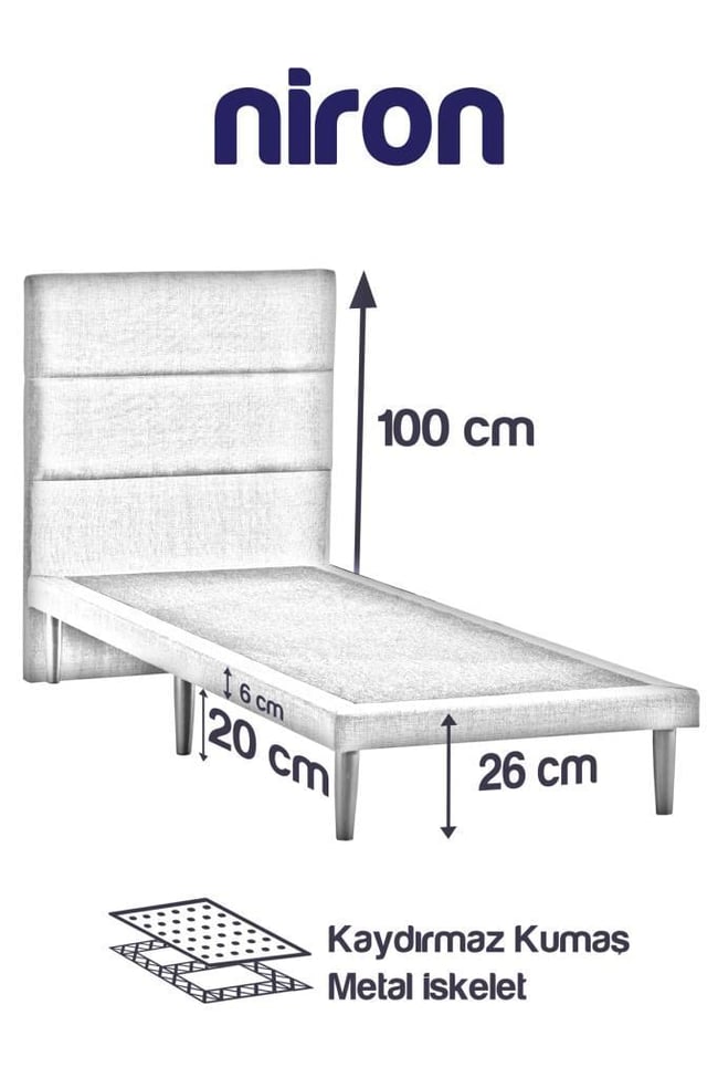 Niron Slim Baza ve Başlık Takımı 160x200 Çift Kişilik Gri Kumaş Kaplı Metal Karyola ve Başlık Seti