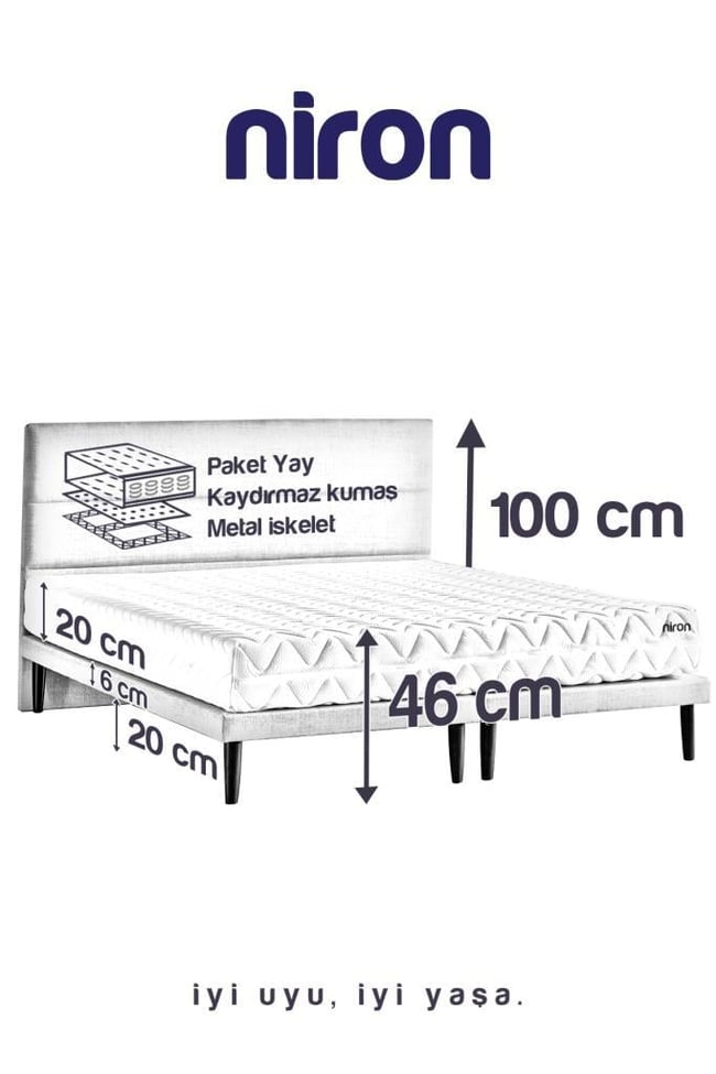 Niron Slim Pocket Yatak Seti 100x200 Tek Kişilik Paket Yaylı Yatak, Gri Metal Baza ve Başlık Takımı