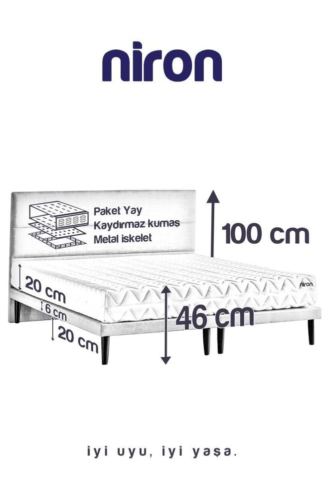 Niron Slim Pocket Yatak Seti 120x200 Tek Kişilik Paket Yaylı Yatak, Gri Metal Baza ve Başlık Takımı