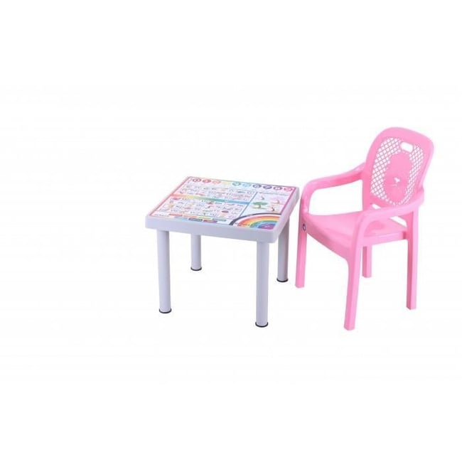Sağlam Plastik Mandella Rubi İngilizce Desenli Çocuk Masası 1 Adet Rubi Çocuk Koltuk Pembe