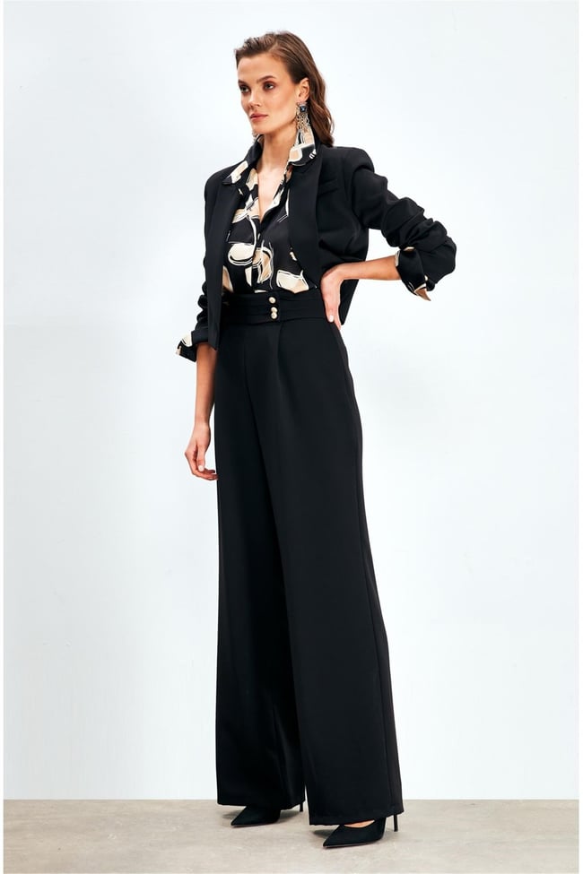 Sateen 1204-5037 Siyah Kadın Yüksek Bel Pensli Pantolon