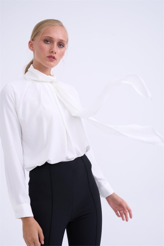 Sateen 1363-1533 Ekru Bros Detaylı Drapelı Bluz
