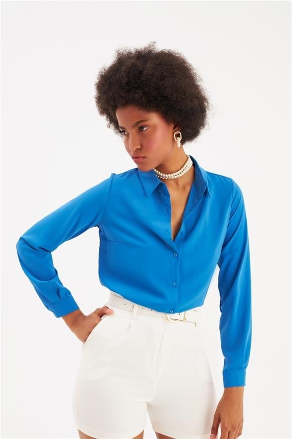 Sateen 268-2530 Saks Mavi Kadın Klasik Gömlek
