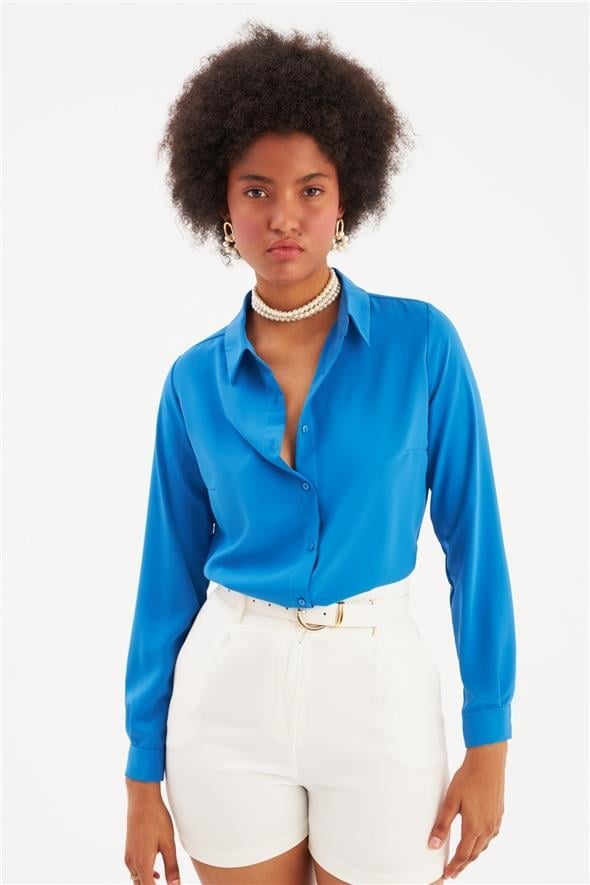 Sateen 268-2530 Saks Mavi Kadın Klasik Gömlek
