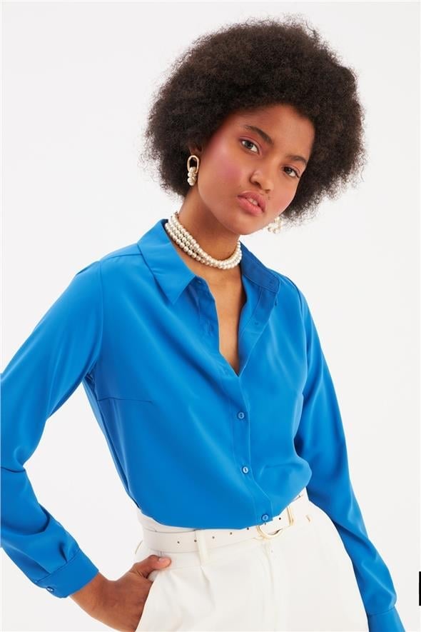 Sateen 268-2530 Saks Mavi Kadın Klasik Gömlek