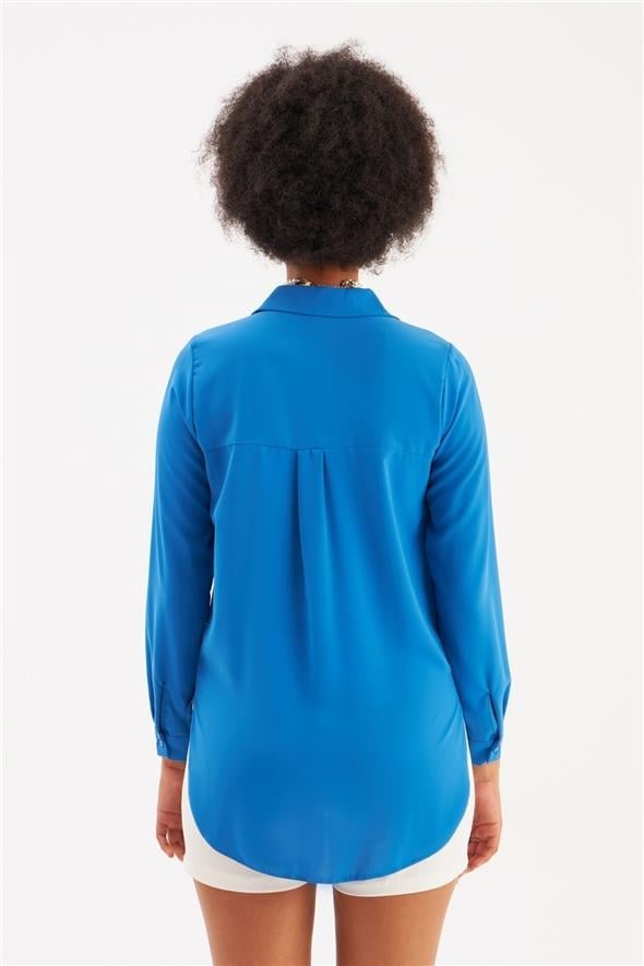 Sateen 268-2530 Saks Mavi Kadın Klasik Gömlek