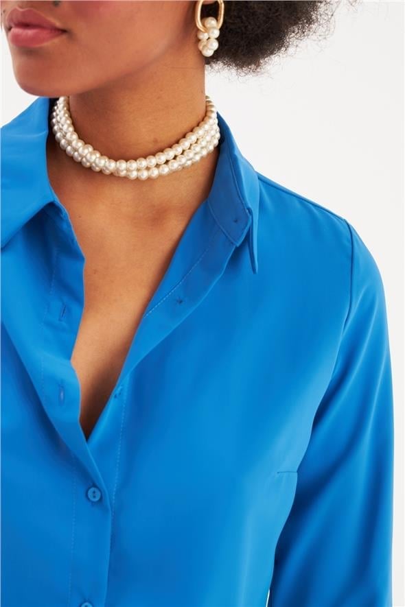 Sateen 268-2530 Saks Mavi Kadın Klasik Gömlek