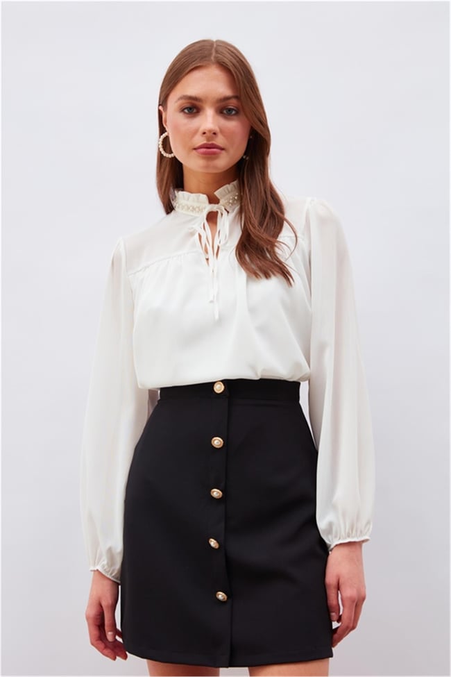 Sateen 3033-1005 Ekru Kadın Aksesuarlı Bluz
