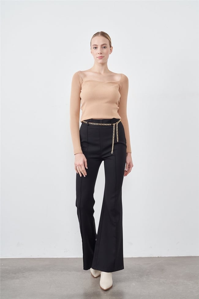 Sateen 423-5001 Siyah Zincir Kemerli İspanyol Paça Pantolon Pantolon