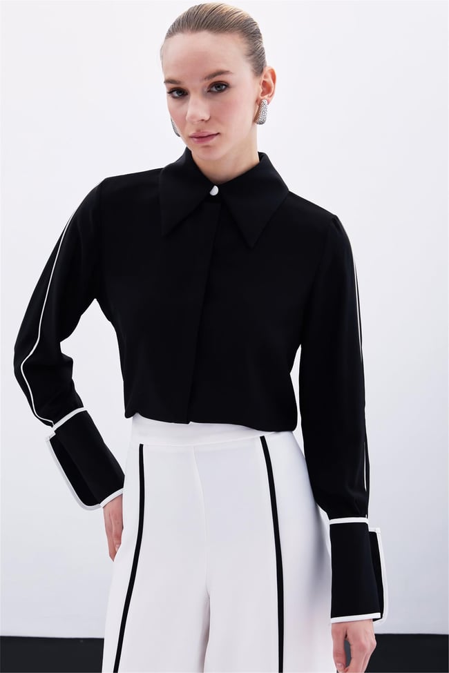 Sateen Y25 1736-2002 Sıyah Kadın Kontrast Klasık Gomlek