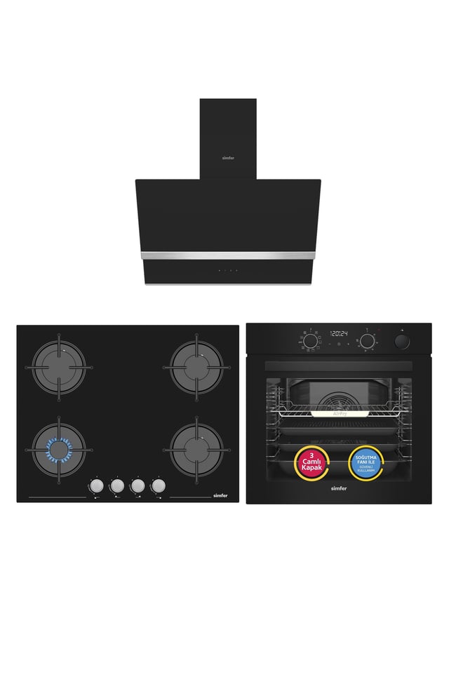 Simfer 11 Fonksiyon Steam Master Siyah 3'lü Ankastre Set (8244 Fırın - 3653 Ocak - 8738 Davlumbaz)