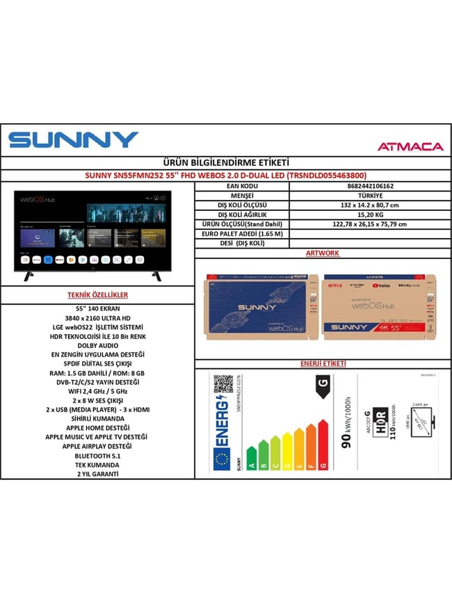 SUNNY SN55FMN252 55'' FRLS UHD MANYAS WEBOS 2.0 SIYAH TELEVIZYON K:1 AD