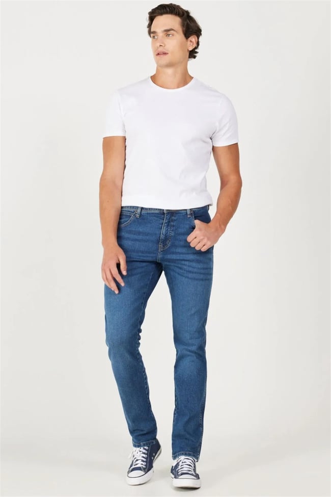 Wrangler W12S057 W12S Texas Slım Xt Mıd Blue Erkek Authentıc Straıght Normal Bel Dar Paca Jean Pantolon