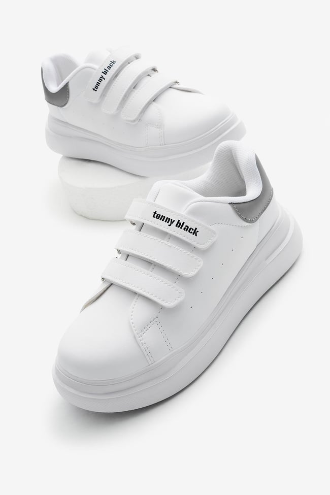 Eva Faylon Taban Üç Cırtlı Çocuk Unisex Beyaz Gümüş Spor Ayakkabı TBALS025