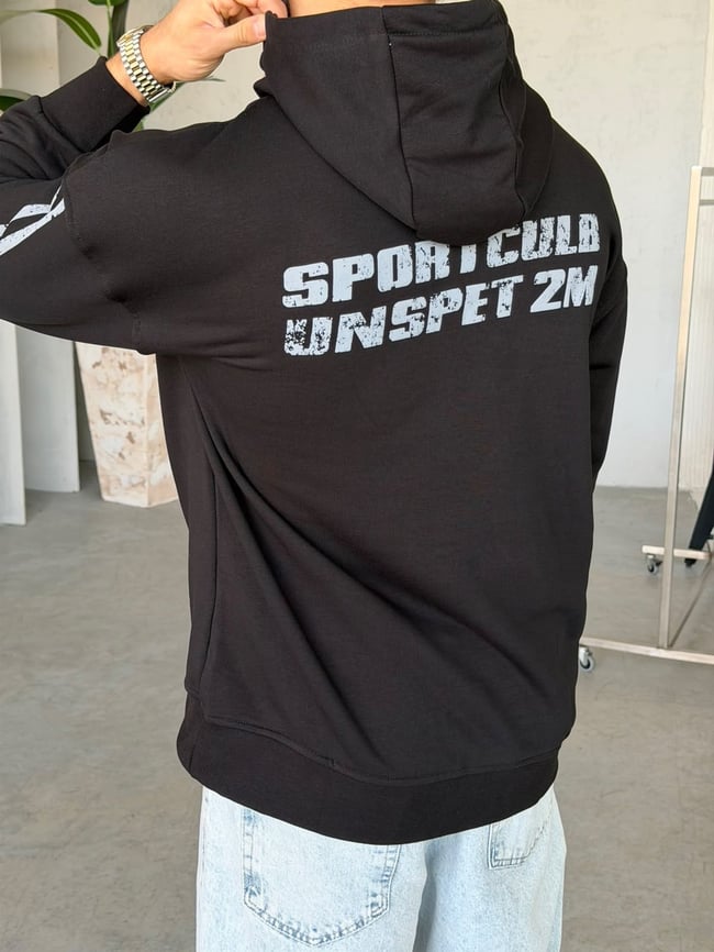 09 Vintage Baskılı Oversize Kapüşonlu Sweat T Siyah