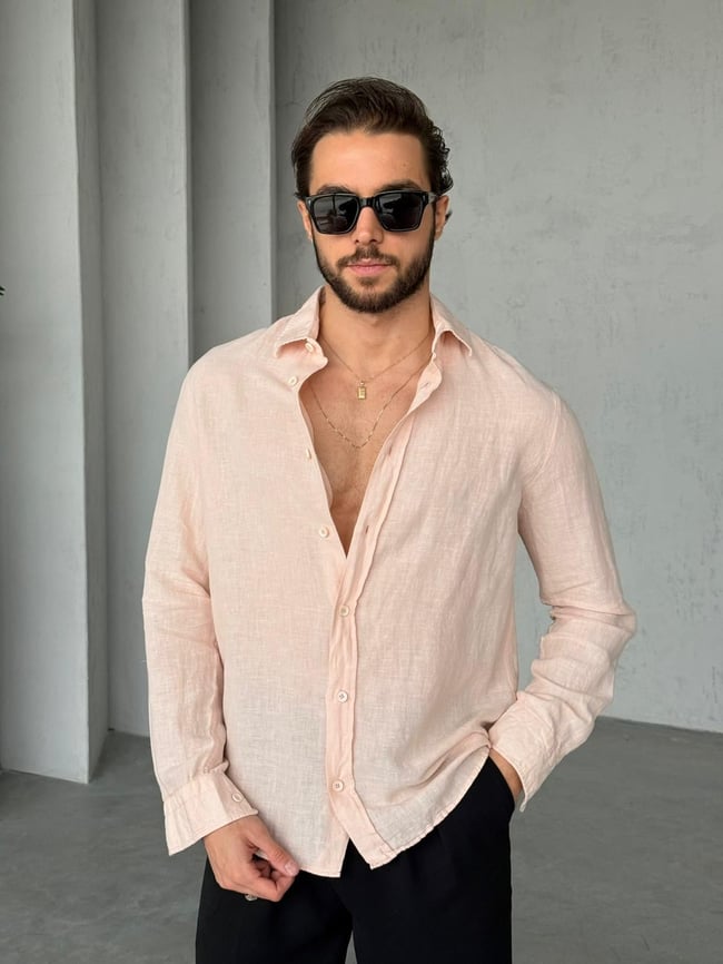 %100 Pamuk Keten Gömlek G - Açık Pembe