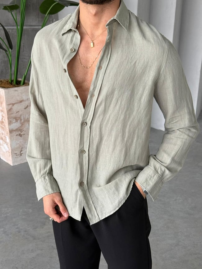 %100 Pamuk Keten Gömlek G - Haki