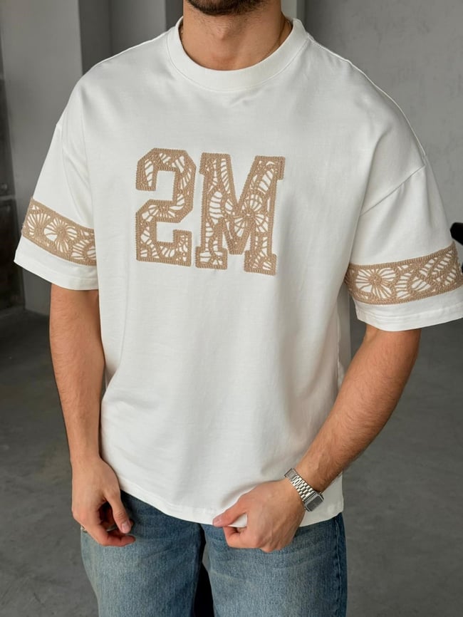 2M Nakışlı Oversize T-Shirt - Beyaz