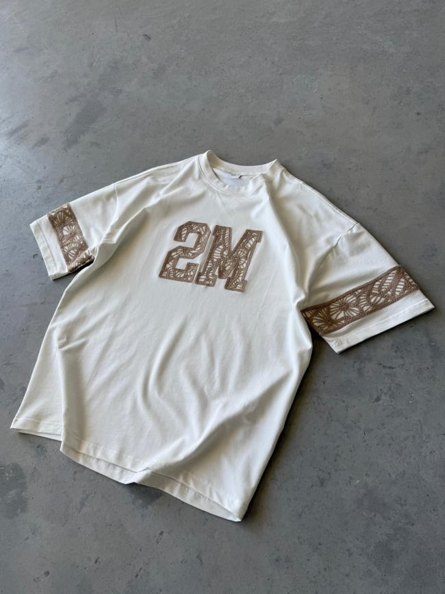 2M Nakışlı Oversize T-Shirt - Beyaz